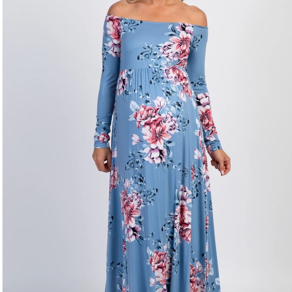 PinkBlush Light Blue Floral Off Shoulder Maternity Maxi Dress - Picture 5 of 9
